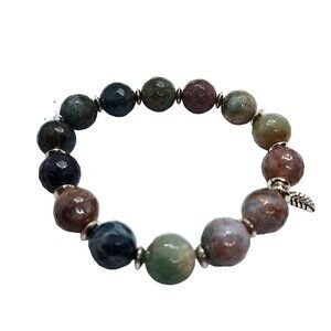 Jasper beaded stretch bracelet green leaf charm